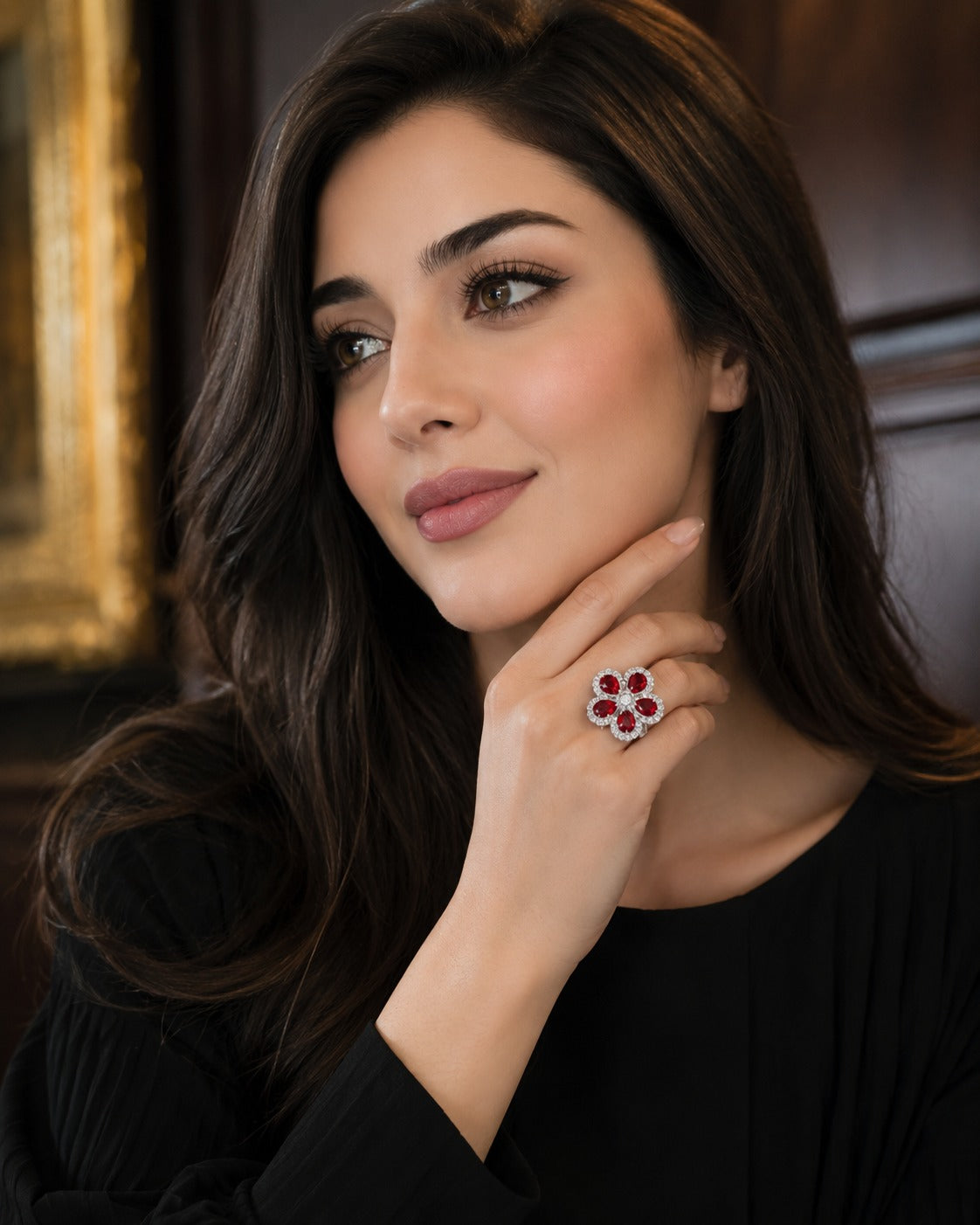 AD Stone With Red Ruby Cocktail Ring With Adjustable Size