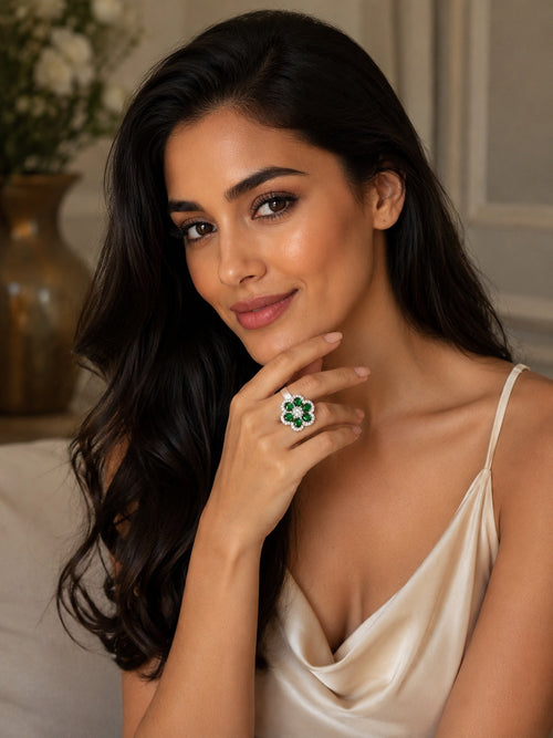 AD Stone With Green Ruby Cocktail Ring With Adjustable Size