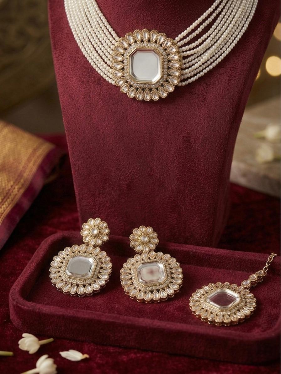 white Pearl Choker Set With Single Stone
