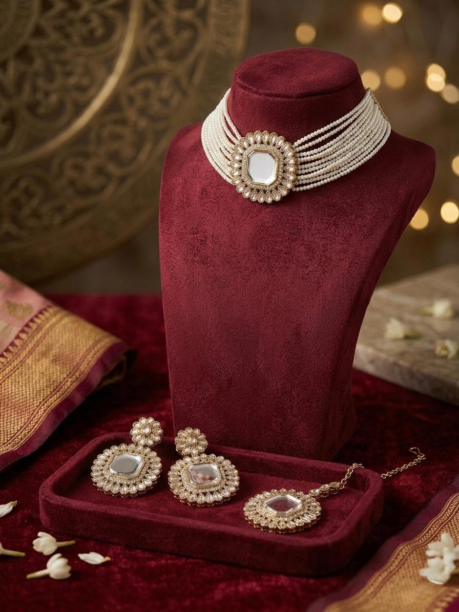 white Pearl Choker Set With Single Stone