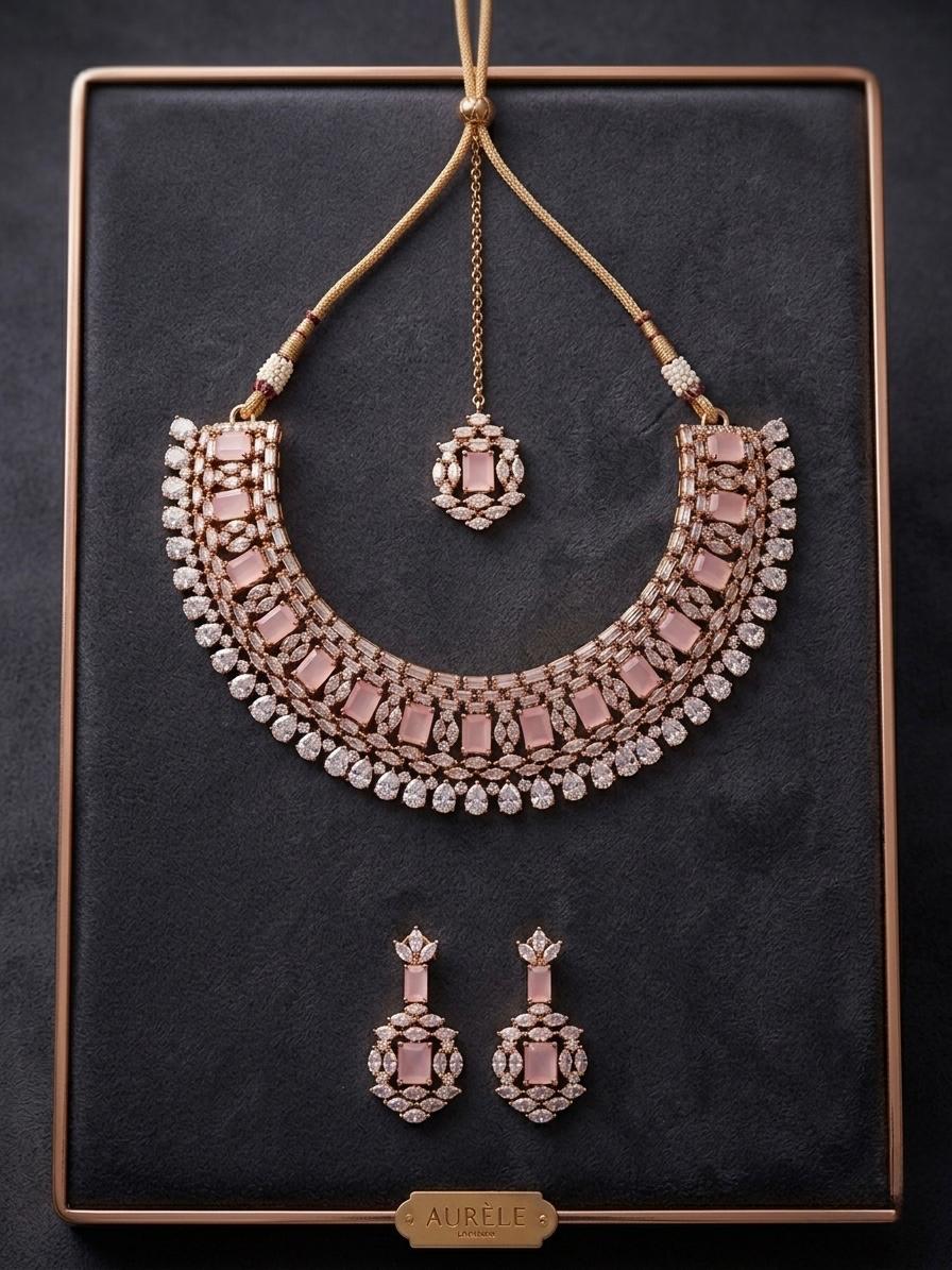 AD Stone Silver Pink Jewellery Set