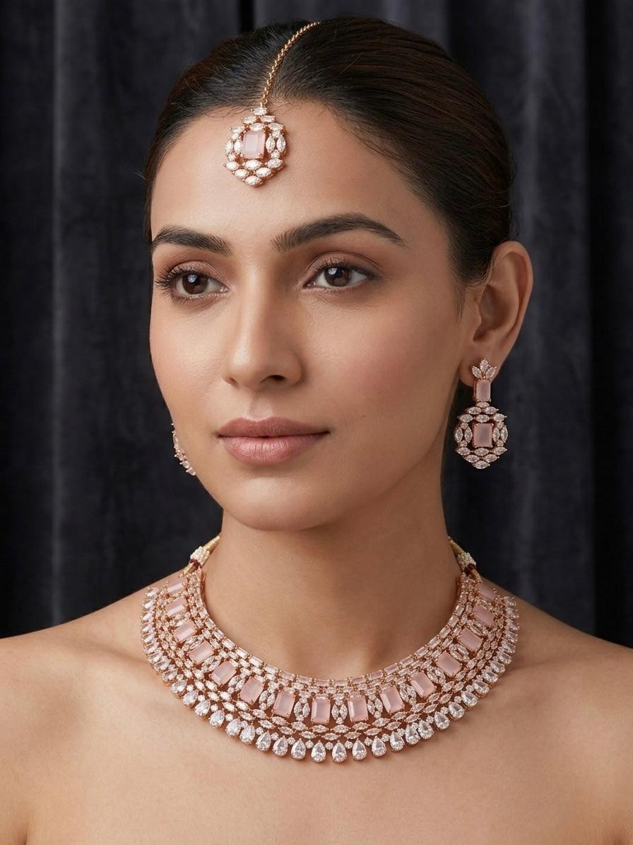 AD Stone Silver Pink Jewellery Set