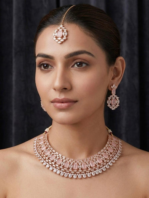 AD Stone Silver Pink Jewellery Set