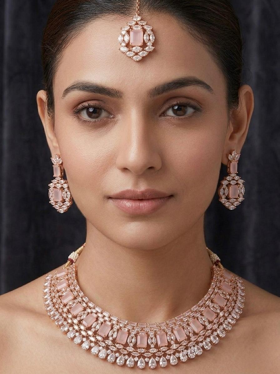 AD Stone Silver Pink Jewellery Set