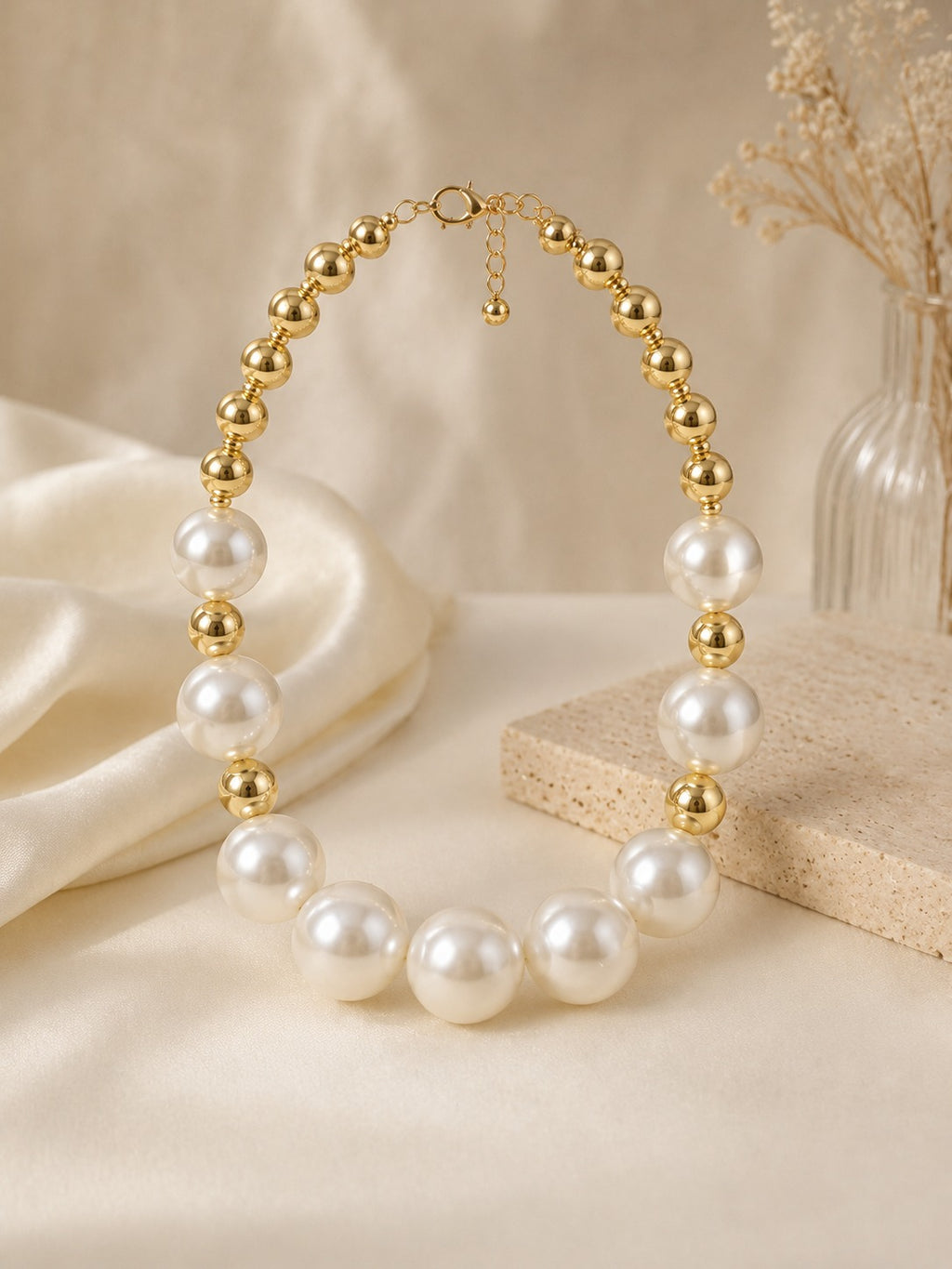 Stylish White Pearl & Golden Beads Necklace for Women | Fashion Jewellery