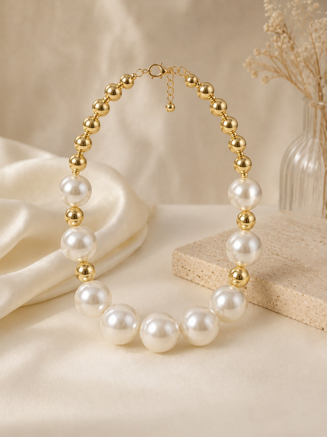 Stylish White Pearl & Golden Beads Necklace for Women | Fashion Jewellery