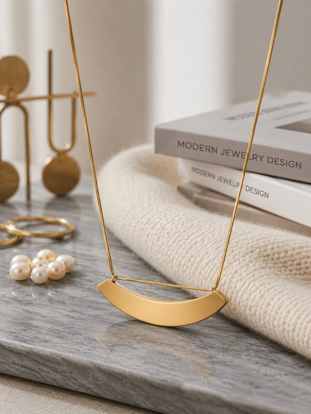 Premium Anti-Tarnish Curved Center Bar Necklace | Gold Fashion Jewelry