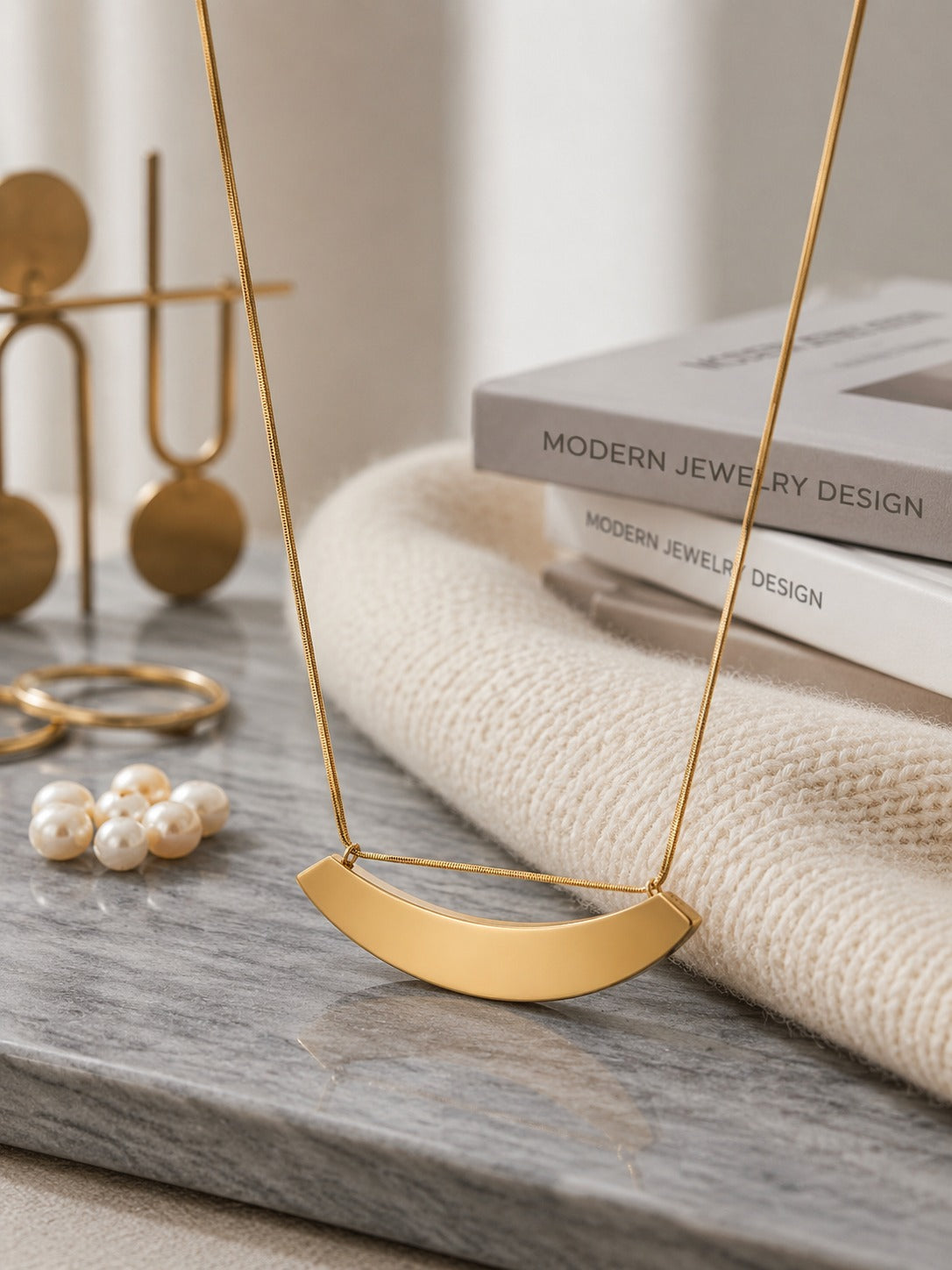 Premium Anti-Tarnish Curved Center Bar Necklace | Gold Fashion Jewelry
