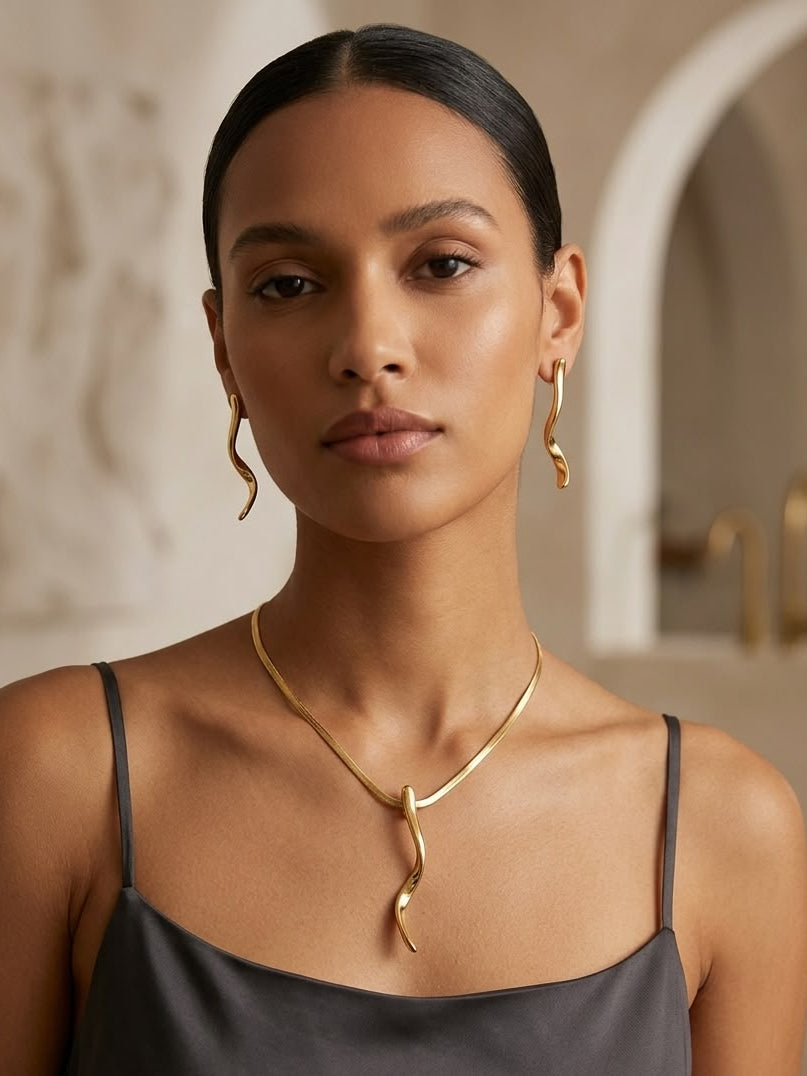 Premium Gold-Plated Serpent Pendant Necklace & Earrings Set for Women | Trendy Statement Fashion Jewelry