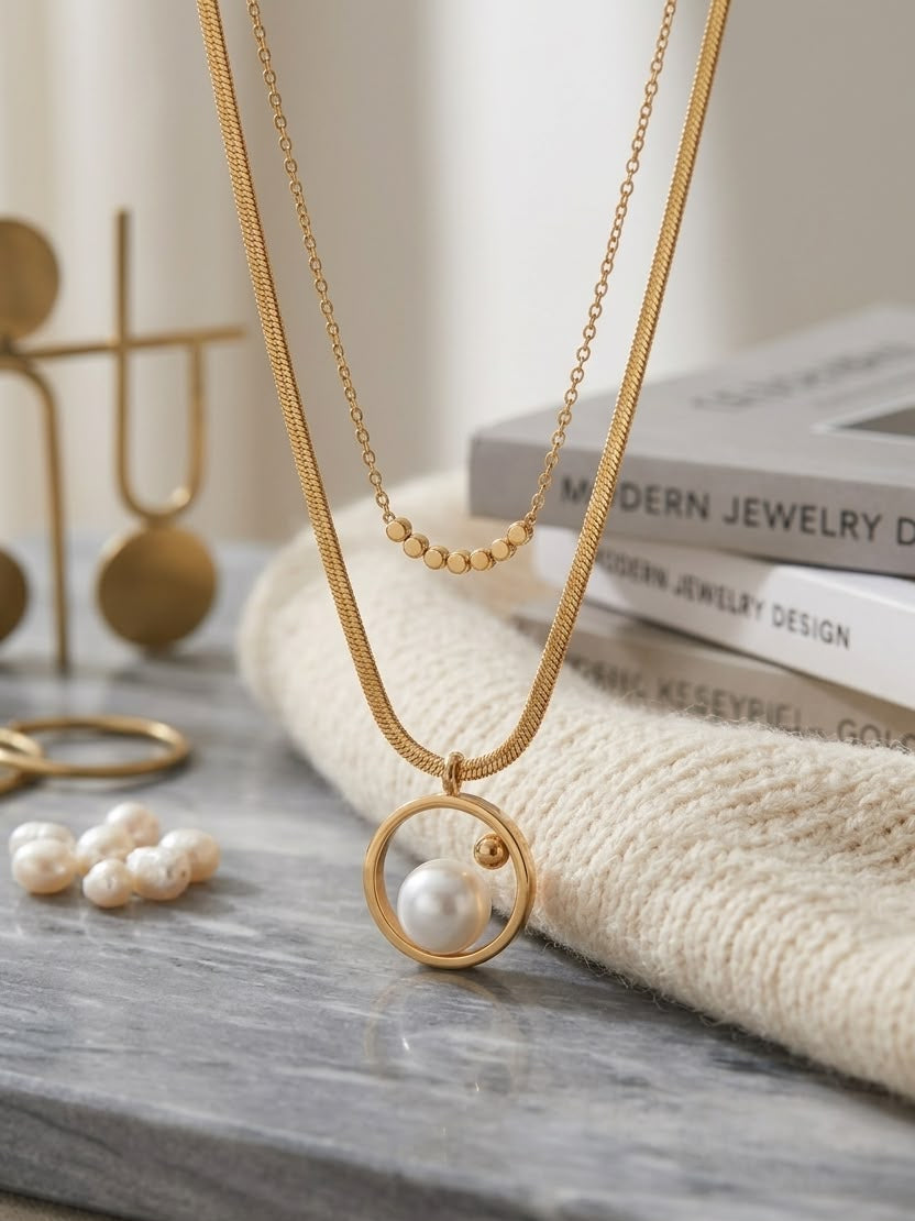 Elegant Gold-Plated Double Chain Pearl Necklace for Women | Luxury Fashion Jewelry