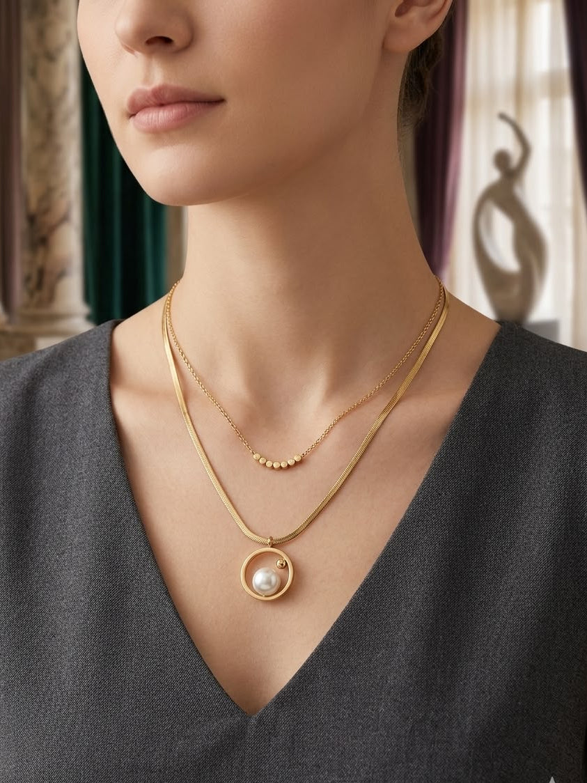 Elegant Gold-Plated Double Chain Pearl Necklace for Women | Luxury Fashion Jewelry