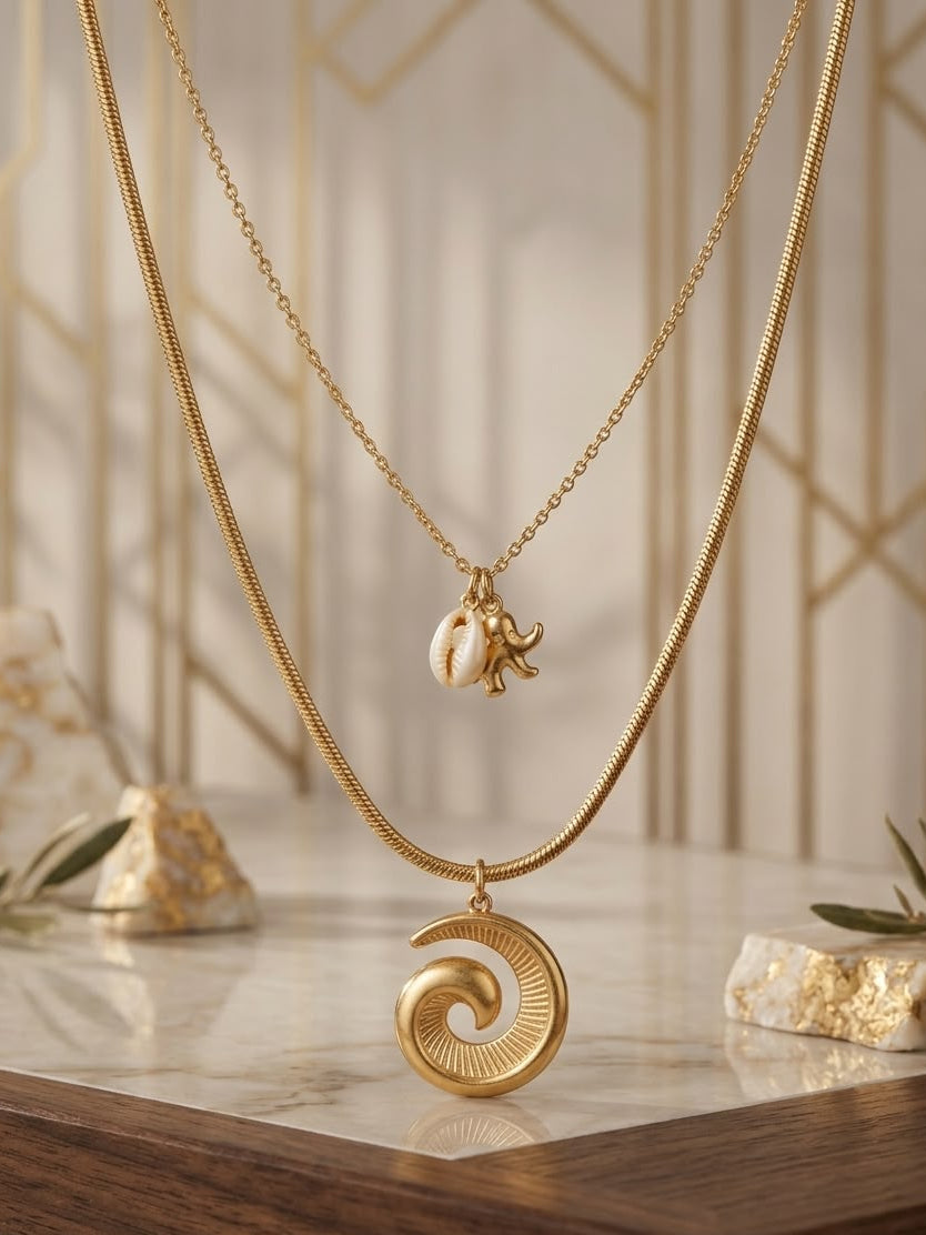Elegant Ocean Wave Layered Charm Necklace for Women | Gold Finish Fashion Jewelry