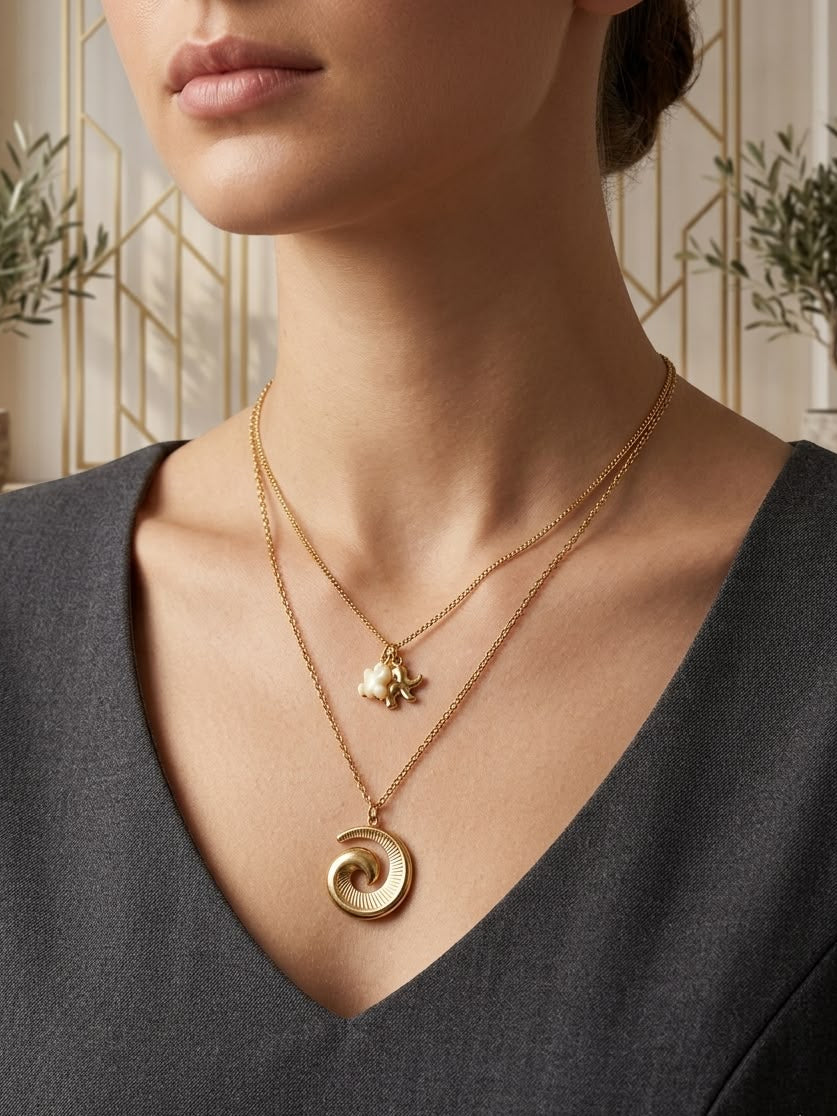 Elegant Ocean Wave Layered Charm Necklace for Women | Gold Finish Fashion Jewelry