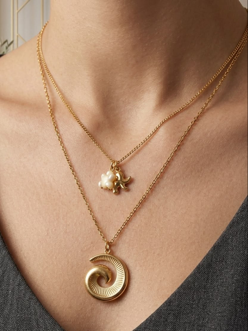 Elegant Ocean Wave Layered Charm Necklace for Women | Gold Finish Fashion Jewelry