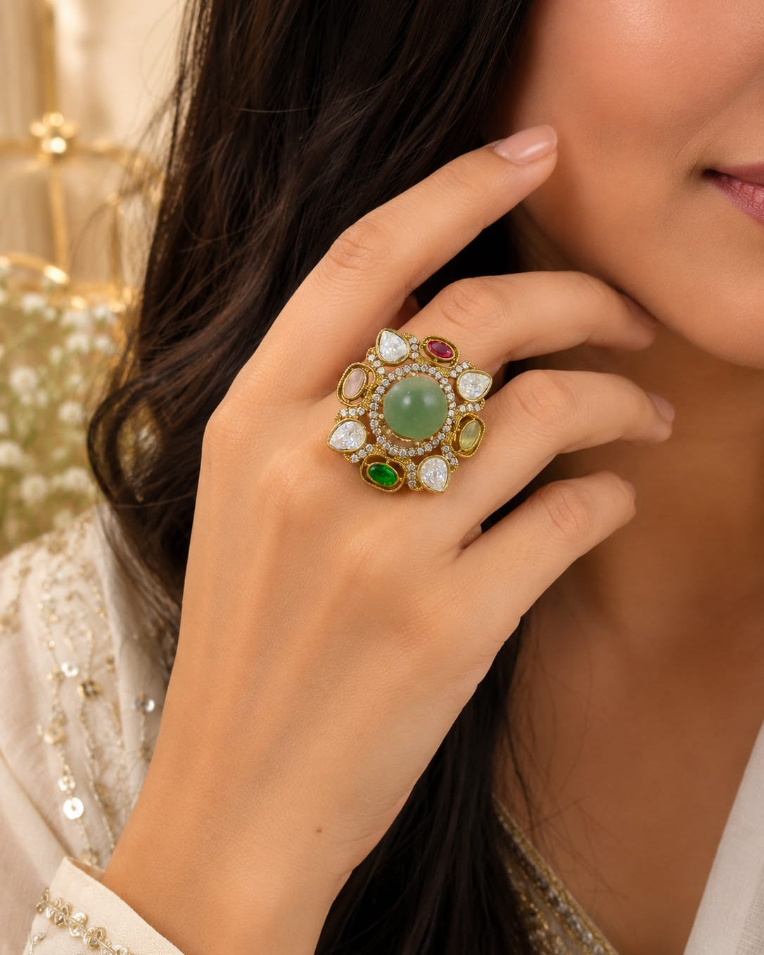 Celebrity Style Semi-Precious Stone Adjustable Ring for Women ⭐