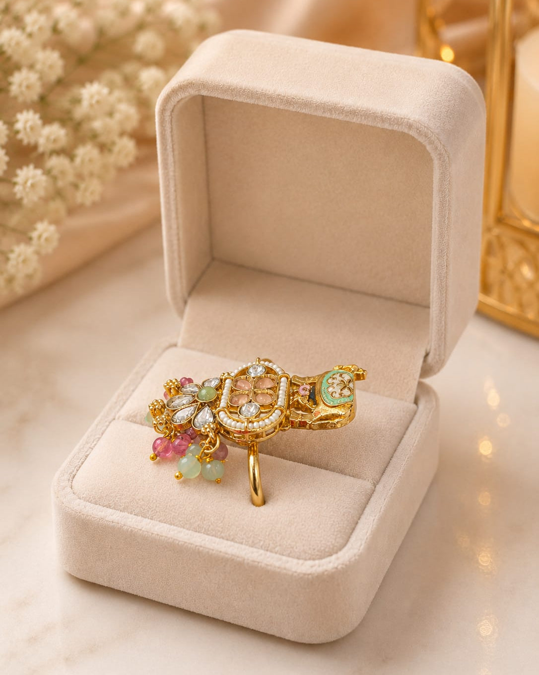 Ethnic Olive & Pink Stone Adjustable Ring for Women ⭐