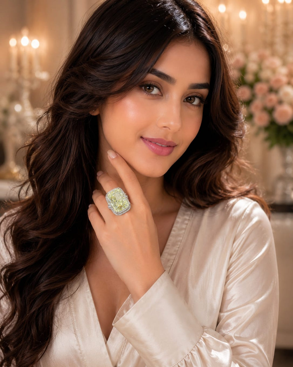 A woman with long, wavy dark brown hair is shown in a close-up portrait, wearing a cream satin robe and wearing a large, ornate ring with a light green stone on her finger. The background is a softly blurred indoor setting with warm lighting and flowers.