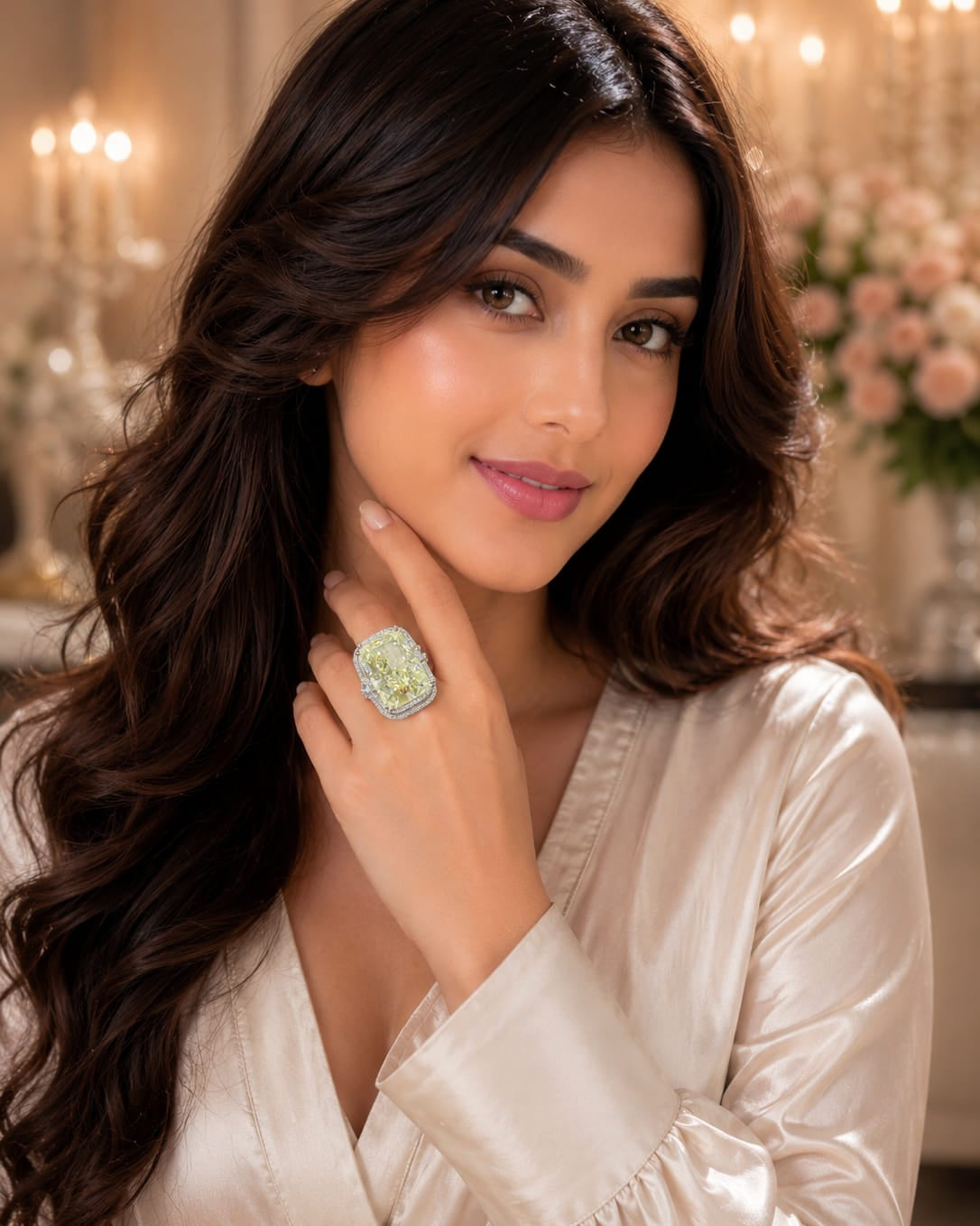 A woman with long, wavy dark brown hair is shown in a close-up portrait, wearing a cream satin robe and wearing a large, ornate ring with a light green stone on her finger. The background is a softly blurred indoor setting with warm lighting and flowers.