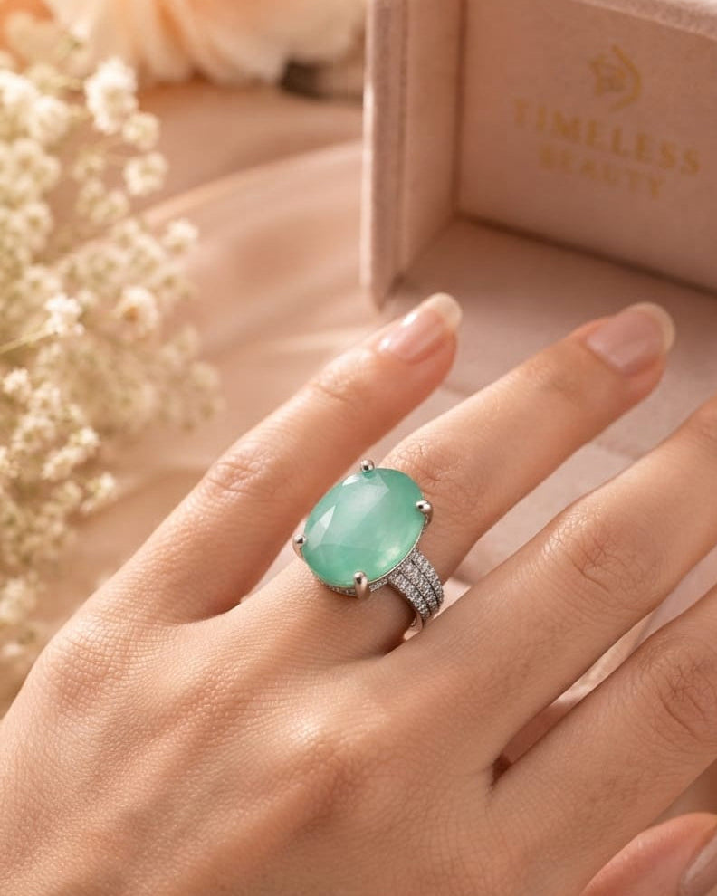Olive Green Solitaire Stone Adjustable Silver Ring for Women ⭐