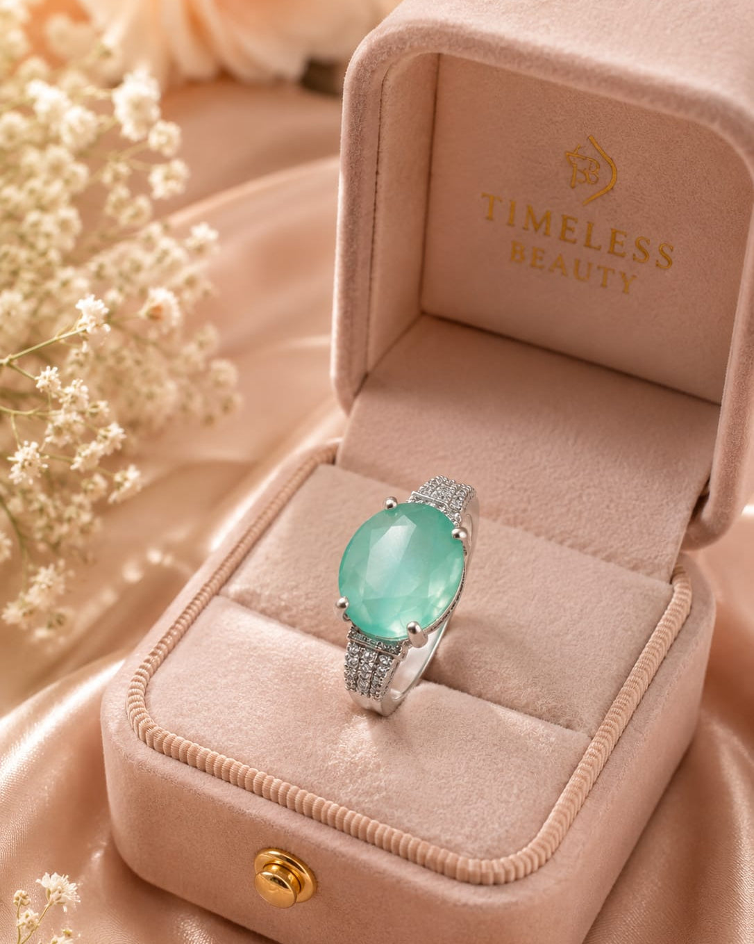 Olive Green Solitaire Stone Adjustable Silver Ring for Women ⭐