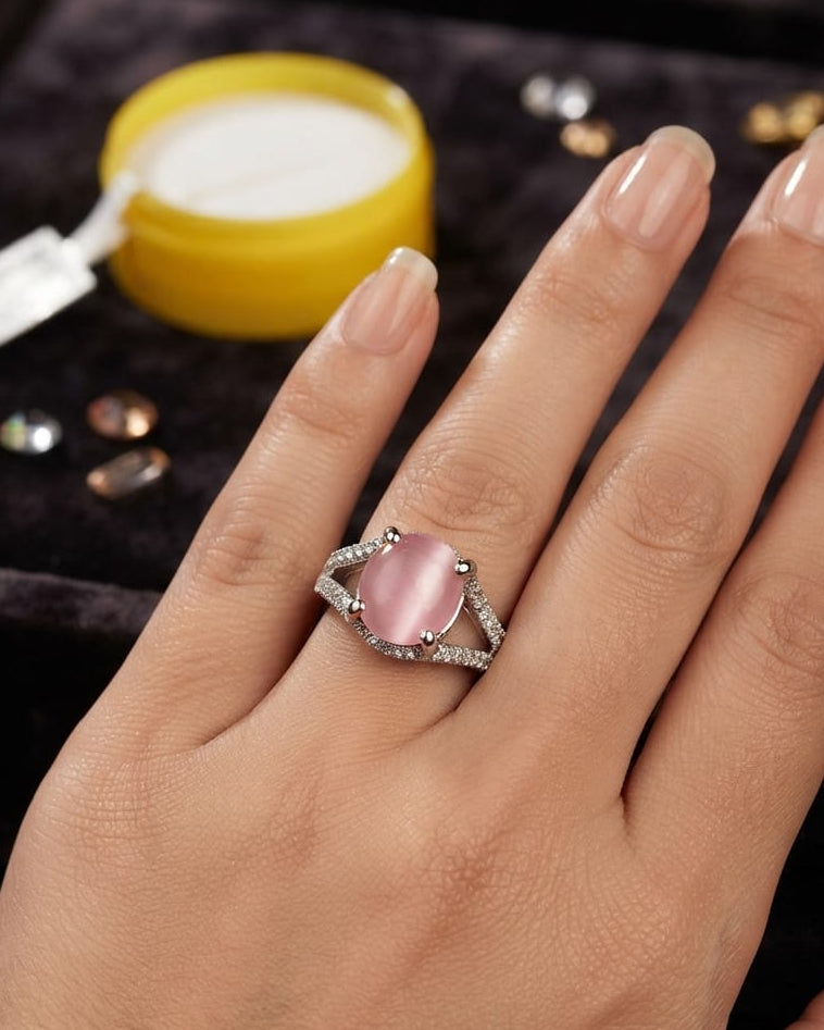 Pink Solitaire Stone Adjustable Silver Ring for Women ⭐