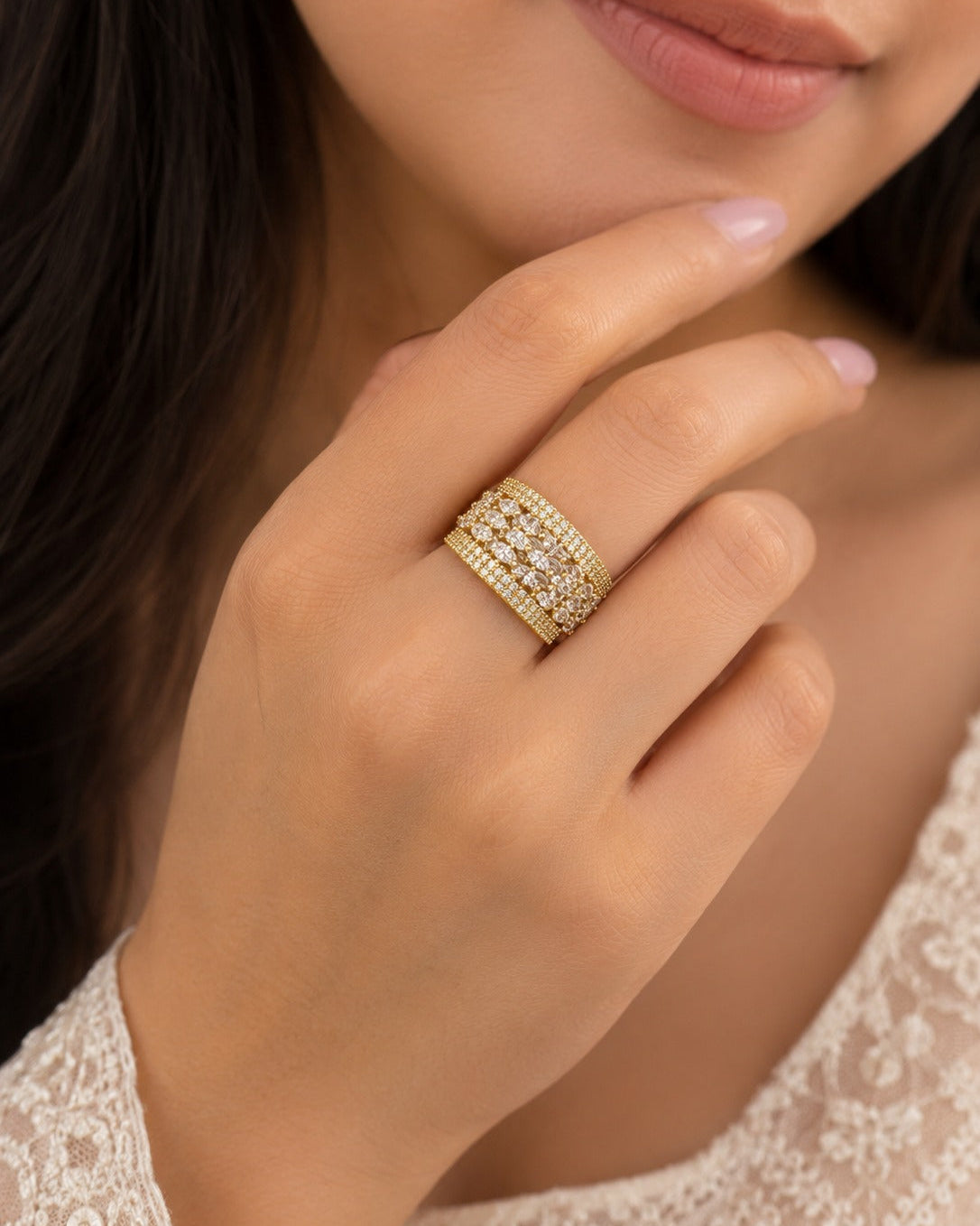 Diamond Look AD Stone Adjustable Ring | Gold & Silver