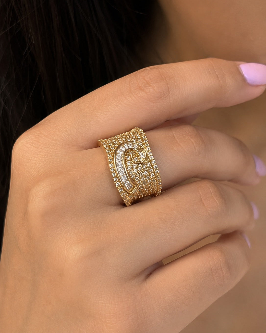 Diamond Curve Look-Alike Adjustable Ring | Gold & Silver