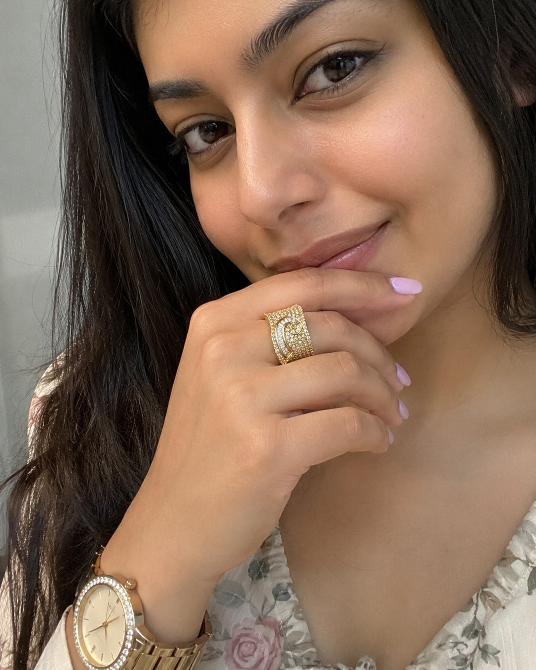 Diamond Curve Look-Alike Adjustable Ring | Gold & Silver
