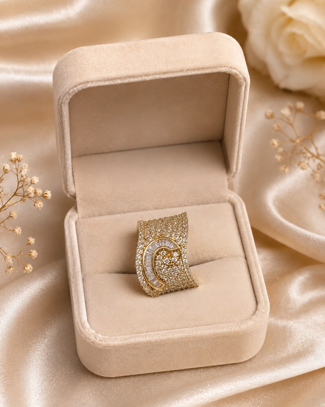 Diamond Curve Look-Alike Adjustable Ring | Gold & Silver