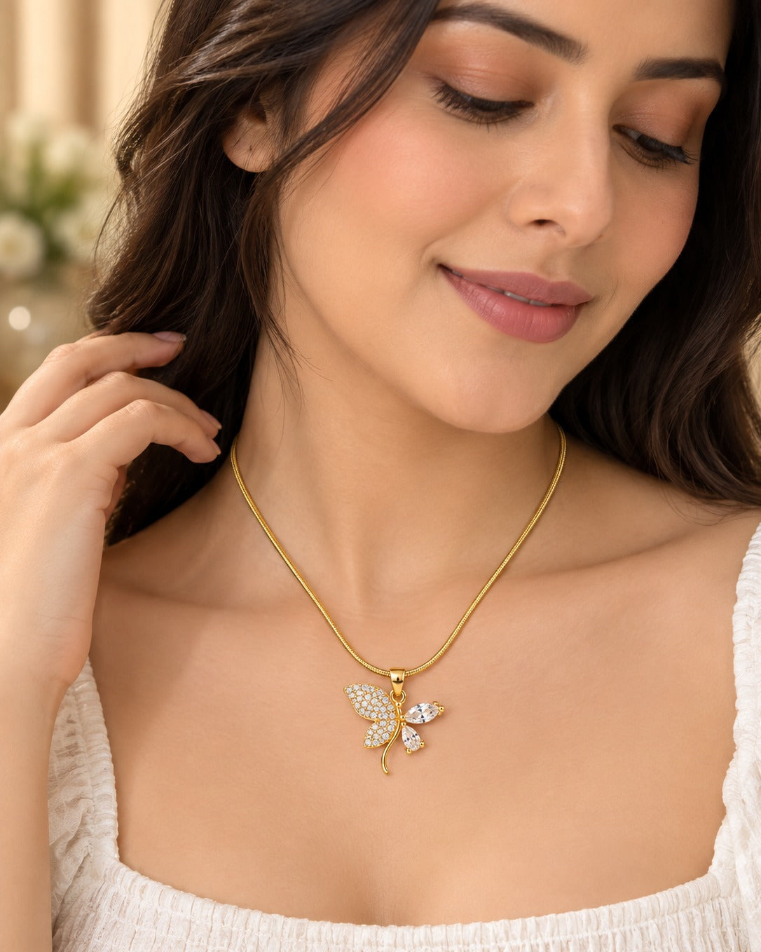 Anti Tarnish Necklace With Stone Butterfly Pendant