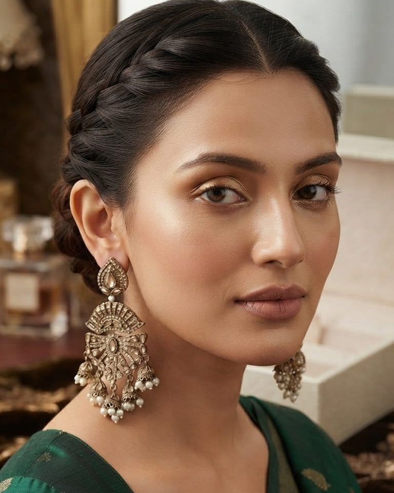Golden Polki Kundan Chandbali Earrings