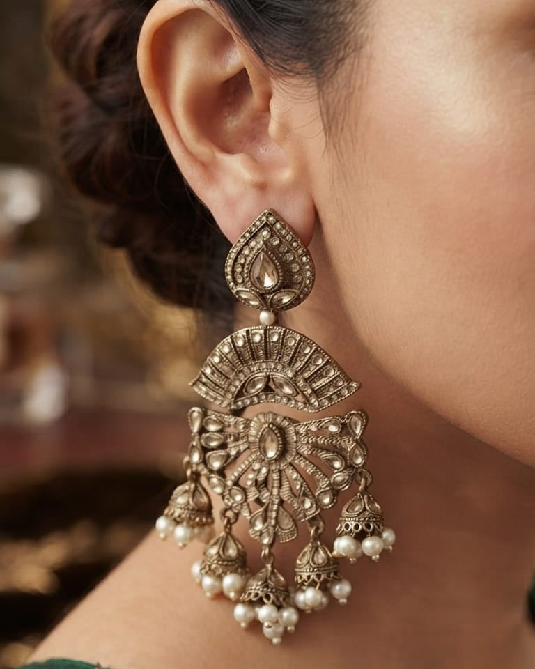 Golden Polki Kundan Chandbali Earrings