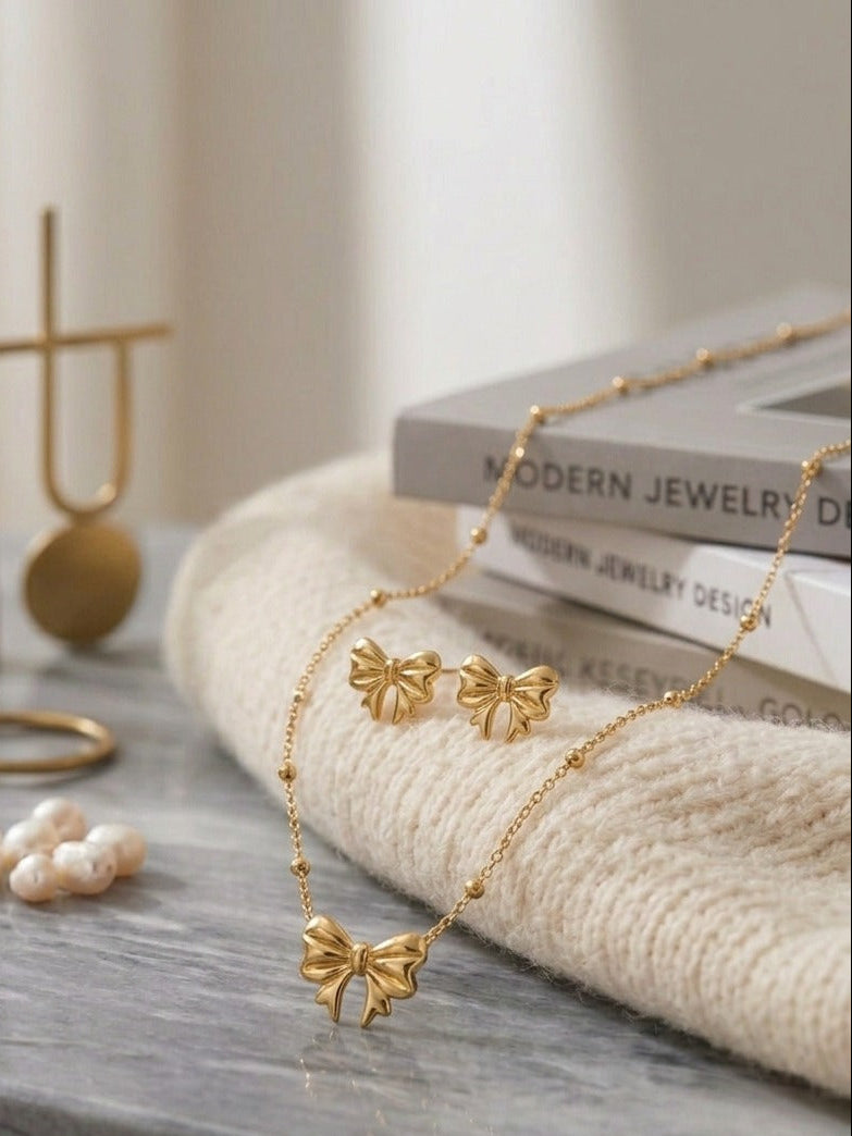 Elegant Bow Style Anti-Tarnish Necklace & Earrings Set for Women | Gold Finish Fashion Jewelry
