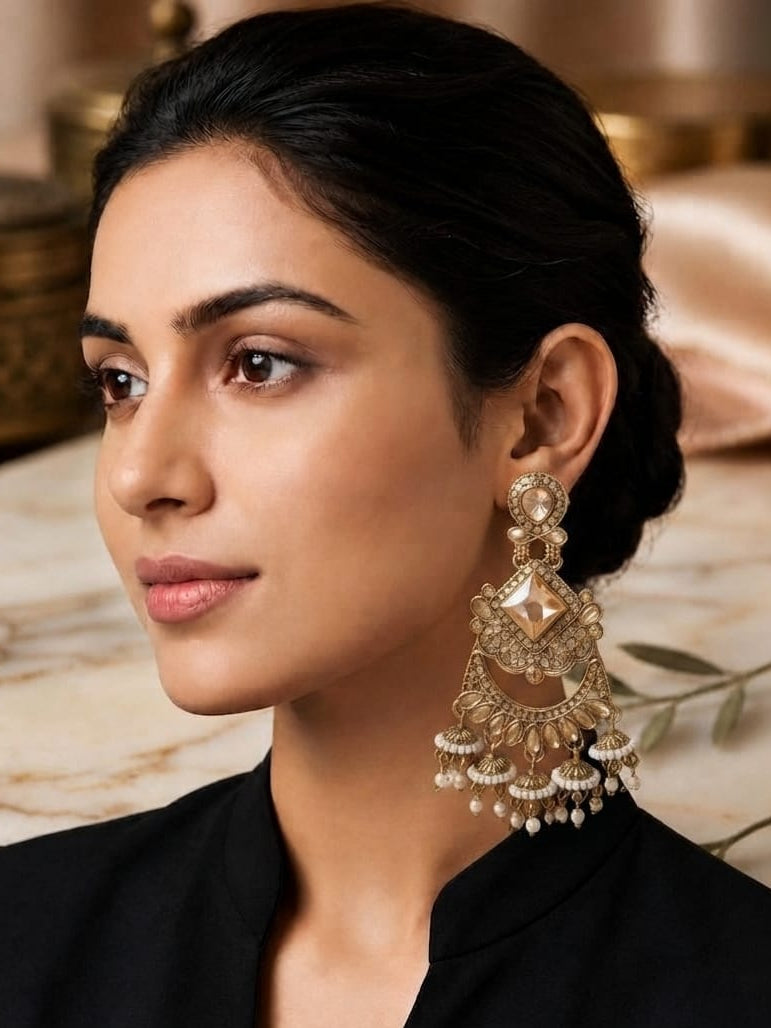 A woman in a black top wearing a large, ornate gold-toned traditional Indian chandelier earring with dangling pearl-like beads, shown in a close-up portrait.