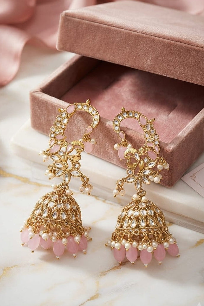Pink & White AD Stone Ear Cuffs with Jhumka for Women | Elegant Traditional Ethnic Jewelry | Lightweight | Wedding, Party, Festive & Daily Wear ⭐
