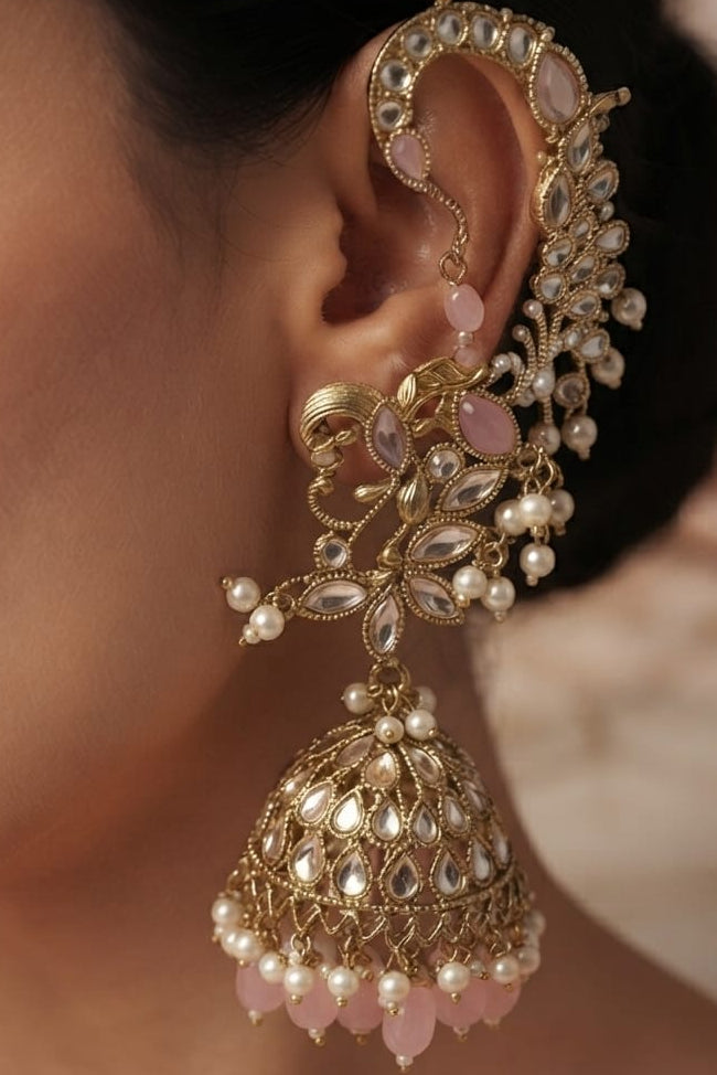 Pink & White AD Stone Ear Cuffs with Jhumka for Women | Elegant Traditional Ethnic Jewelry | Lightweight | Wedding, Party, Festive & Daily Wear ⭐