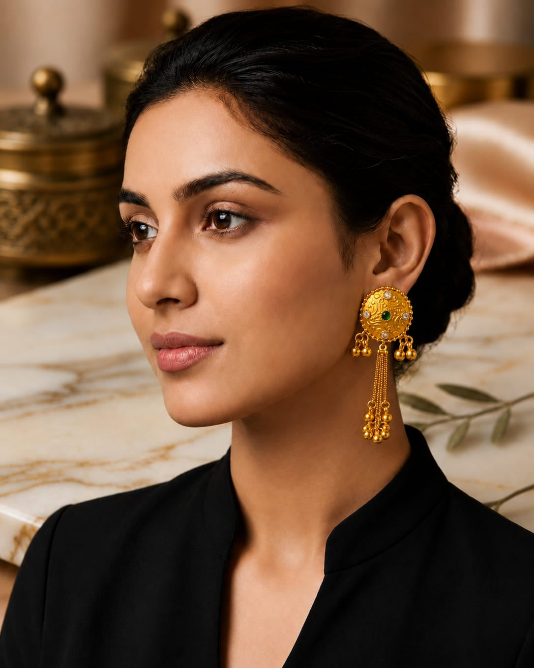 Golden Round Kashmiri Earrings for Women with Hanging Beads | Handmade Traditional Ethnic Jewelry | Wedding, Party, Festive & Daily Wear ⭐