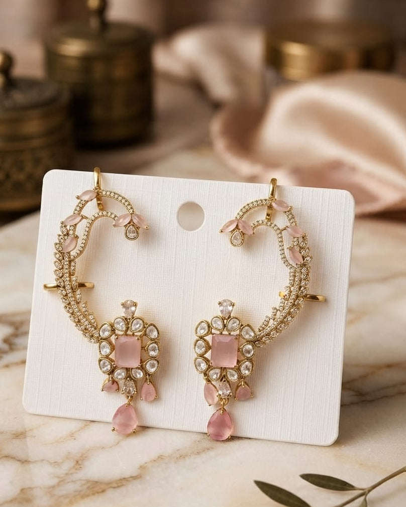 Pink & White AD Stone Ear Cuffs for Women | Elegant Crystal Fashion Jewelry | Lightweight | Party, Wedding, Festive & Daily Wear ⭐