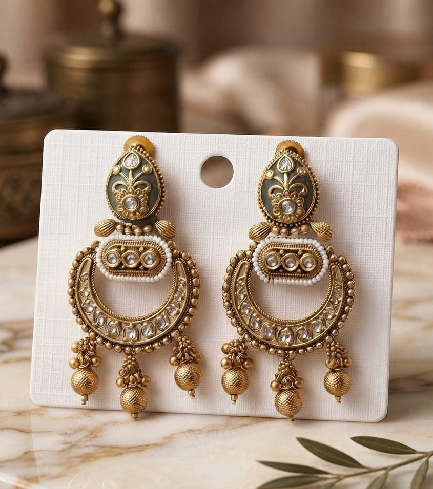 Kashmiri Olive Stone & Pearl Earrings for Women | Traditional Ethnic Jewelry | Festive, Wedding & Party Wear