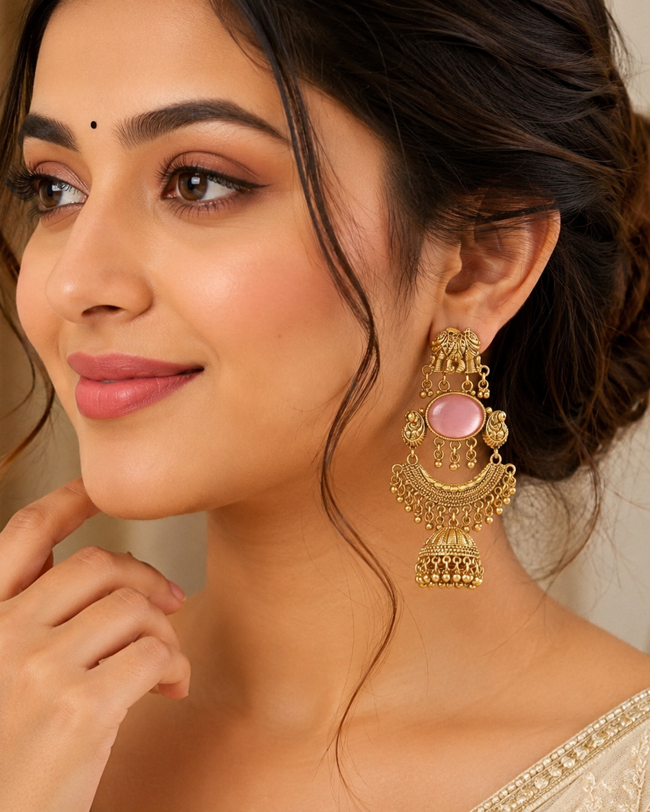 Pink Stone & Elephant Kashmiri Earrings for Women | Handmade Traditional Ethnic Jewelry | Festive, Wedding, Party & Daily Wear