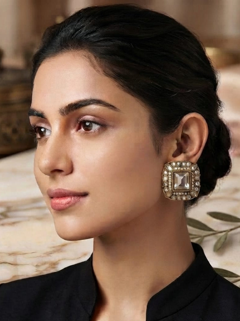 Square Kundan Stone Stud Earrings for Women | Traditional Gold-Tone Ethnic Jewelry | Festive, Wedding, Party & Daily Wear