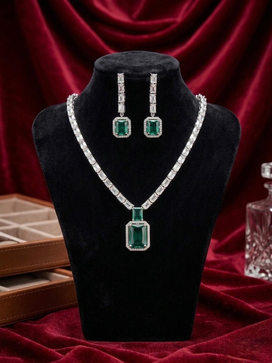 AD Stone Sleek Necklace Set with Light Green Aqua Stone